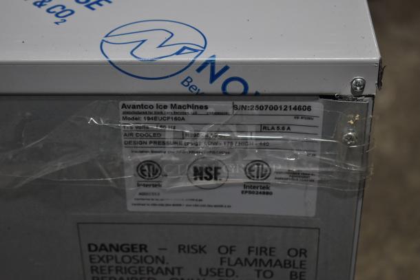 Brand new Avantco 194EUCF160A undercounter ice machine, 159 lb. capacity, 115V, 1 Phase. NSF and ETL certified.