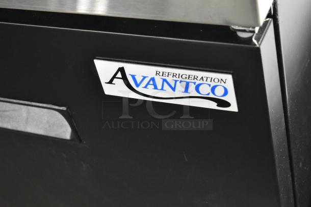 Brand new Avantco commercial kegerator on casters, locked door, 115V, 1 Phase, minor scratches, Avantco label visible.