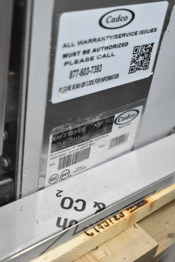 BRAND NEW 2025 Unox Cadco XAFT183-US Convection Oven, 208-240V, 1 Phase. Note broken glass. Warranty details shown.