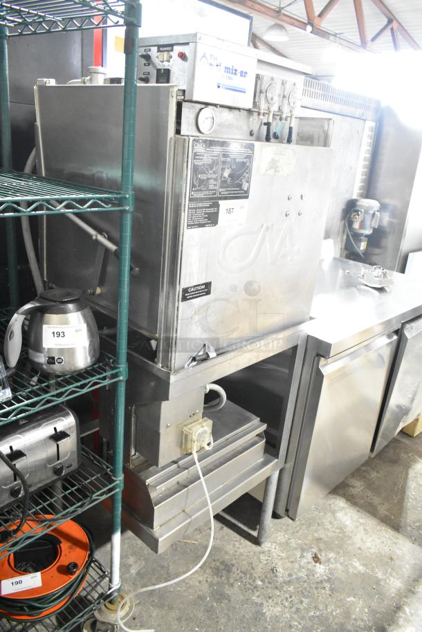 CMA Energy Mizer VA-AH-2 commercial dishwasher, stainless steel, pass-through design, 120V, 1 phase, with control panel and caution label.