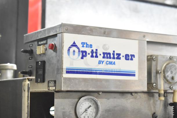 CMA Energy Mizer VA-AH-2 commercial dishwasher, stainless steel, pass-through design, 120 volts, visible labels and control panel.