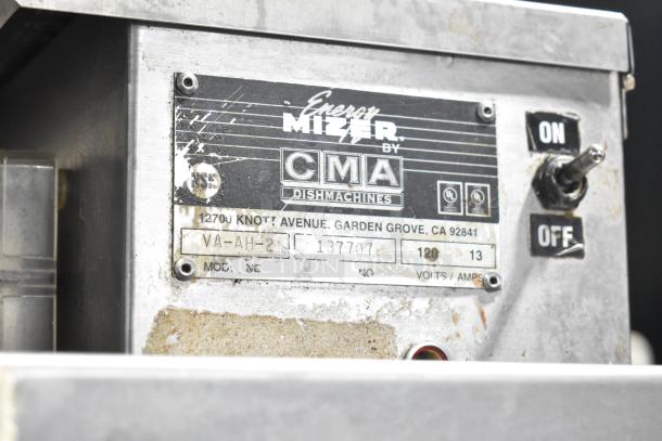 CMA Energy Mizer VA-AH-2 commercial dishwasher, 120V, 1 Phase. Visible labels show model and voltage details. Fair condition.
