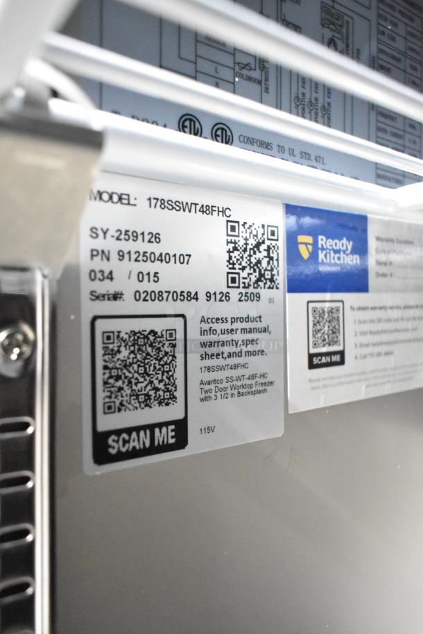 Brand new Avantco 178SSWT48FHC commercial 2-door undercounter freezer. Includes QR code for product info. 115V, 1 Phase.