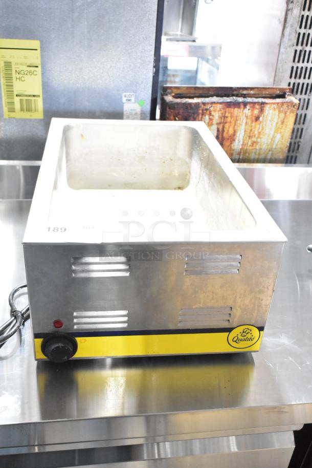 Qualite RDFW-1200NP countertop food warmer, stainless steel, 120 volts, 1 phase, visible wear, knob control, branded front panel.