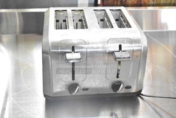 Hamilton Beach 24714G 4-slot toaster, stainless steel, used condition, 120V, 1 phase, adjustable controls, cord visible.