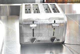 Hamilton Beach 24714G 4-slot toaster, stainless steel, used condition, 120V, 1 phase, adjustable controls, cord visible.