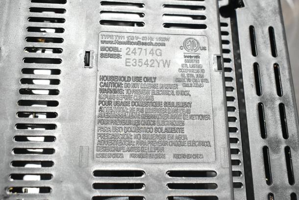 Hamilton Beach 24714G toaster label showing model, series, 120V 60Hz 1500W specs, and electrical safety warnings.