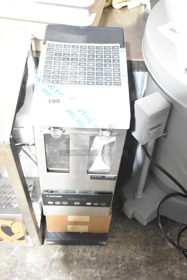 Brand new Fetco GRS-1202 coffee grinder, 10 lb. double hopper, 120V, 1 Phase, with minor scratches and dents.