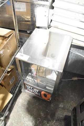 BRAND NEW 2024 Nemco 6403 Dual Rack Revolving Pretzel Warmer, missing glass, 120 volts, 1 phase, "Soft Hot Pretzels" sign.