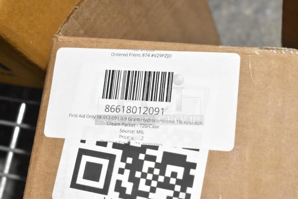 Cardboard box with barcode label, "86618012091," marked for Hydrocortisone 1% cream packets, 720 per case. Box shows minor dents.