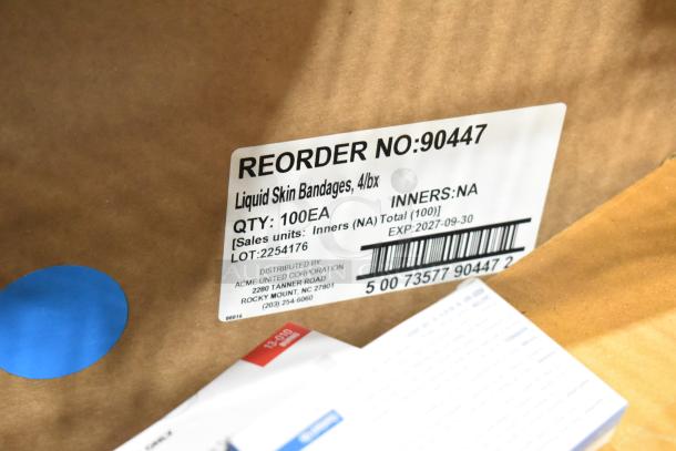 Brown box with label showing "Liquid Skin Bandages, 4/bx," Qty: 100, Lot: 2254176, Exp: 2027-09-30.