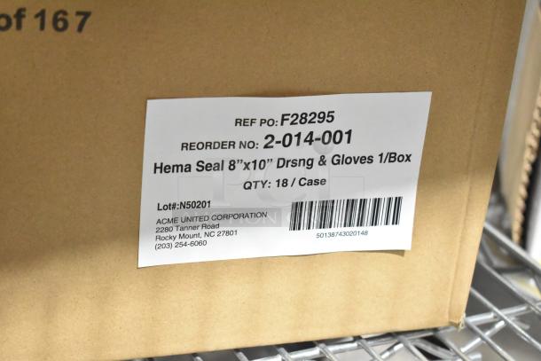 Cardboard box labeled "Hema Seal 8''x10'' Dressing & Gloves 1/Box; QTY: 18/Case" with reorder no. 2-014-001 by ACME United Corp.