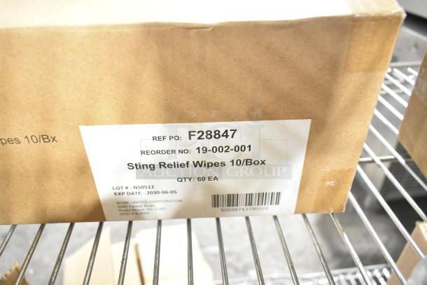 Cardboard box label showing Sting Relief Wipes, 10 per box, 60 total. Ref PO: F28847, Reorder No: 19-002-001. Exp: 2030-06-05.
