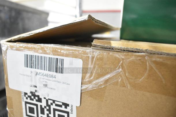 Cardboard box labeled "5x9 Instant Cold Pack - 20/Case" with QR code and barcode, showing minor packaging wear.