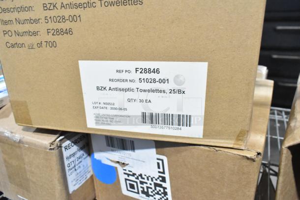 Boxes of BZK antiseptic towelettes, 25 per box, part of scratch and dent lot; item number 51028-001, expire 2030-06-05.