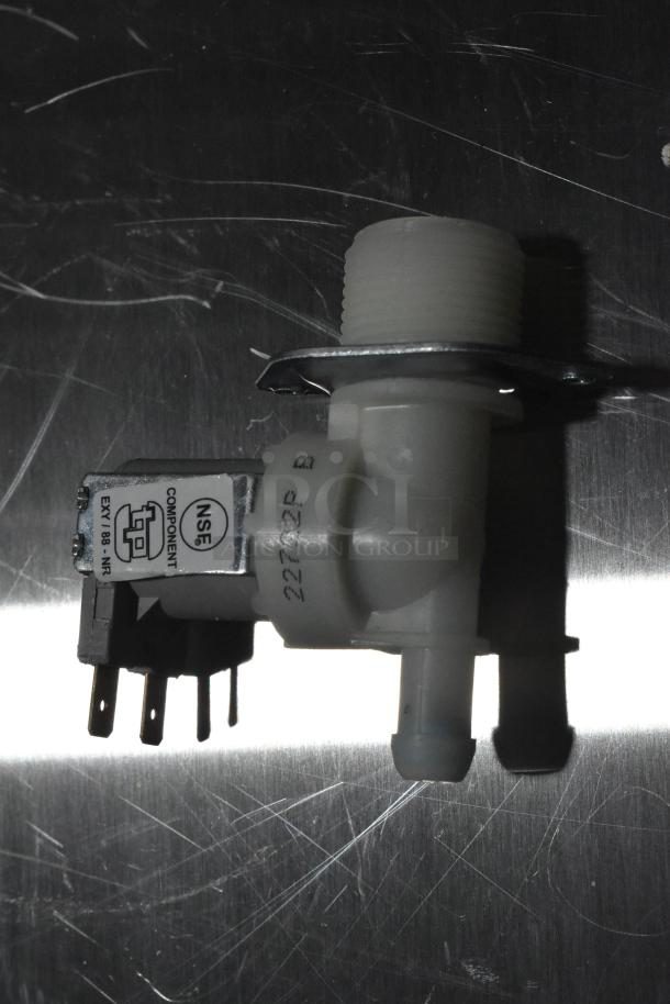 Plastic inlet valve with metal connector, new condition, labels indicate NSF certification and model 2272P.