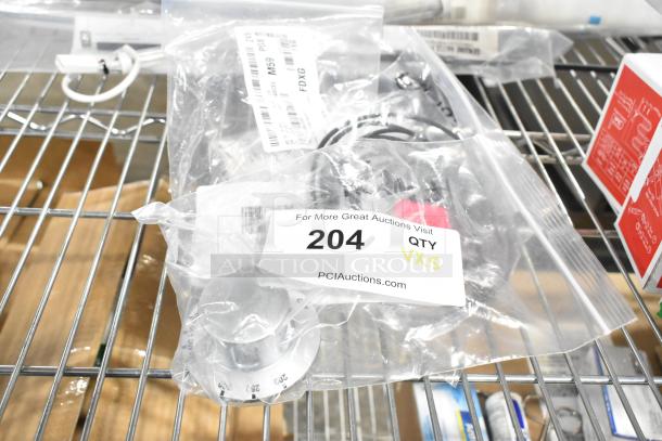 5 new scratch and dent items in a clear bag, including hinge, probe, and knob. Bag labeled "204 QTY Vx5".