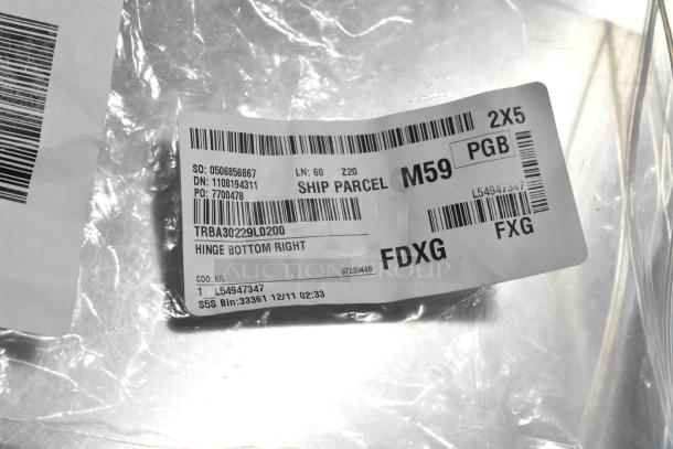 Plastic bag with label showing item code TRBA30229LO200, "Hinge Bottom Right," in new condition.