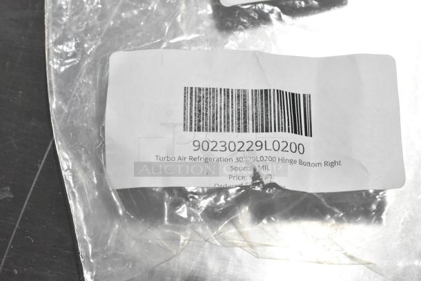 Bag labeled "Turbo Air Refrigeration 30290L0200 Hinge Bottom Right," with barcode 90230229L0200, holds new items.