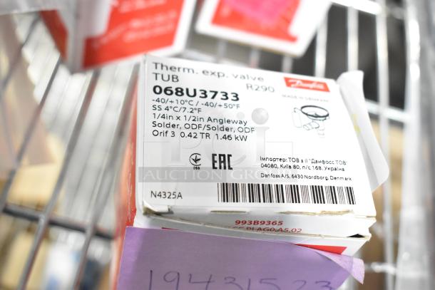 Danfoss expansion valve model 068U3733 in box, new condition with thermal ratings and barcodes visible.