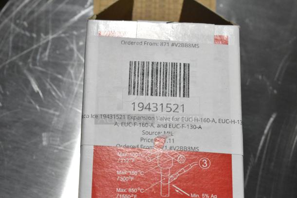 Box of a brand new Scotsman 19431521 expansion valve, compatible with EUC-H and EUC-F models. Batch #871 #V2BB8MS.