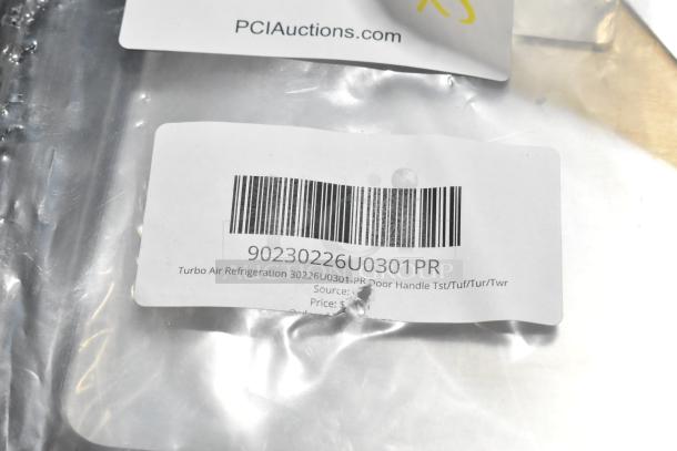 3 new scratch and dent door handles in packaging, labeled Turbo Air Refrigeration 30226U0301-PR, with barcode visible.