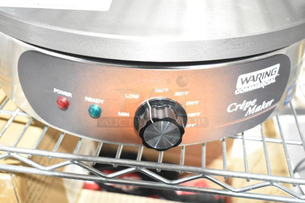 Brand new Waring WSC160X 16" electric crepe maker with minor scratches. Features temperature dial, power and ready lights, 120 volts.