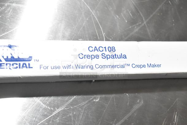 Waring CAC108 crepe spatula packaging, indicating compatibility with Waring Commercial Crepe Maker.