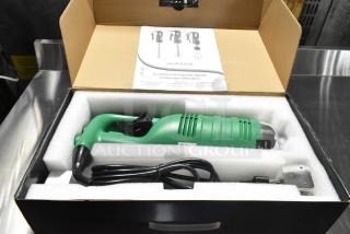 Brand new AvaMix 928IBHD12 12" immersion blender, 1 1/4 hp, variable speed, 115V, with packaging and manual visible.