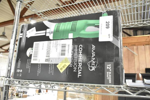 Brand new AvaMix 928IBHD12 12" heavy-duty immersion blender box. Visible tags and labels denote variable speed and 1 1/4 hp.