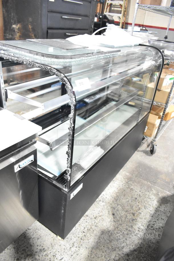 Avantco 193BC60HCB 60" curved glass bakery display case, black, refrigerated, broken glass visible, 110-120V, 1 phase.