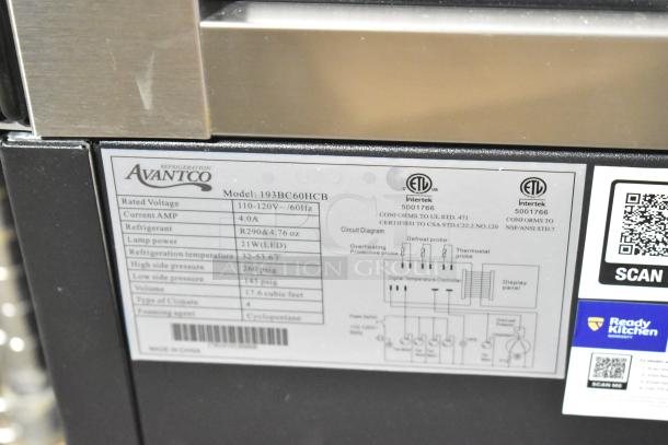 Avantco 193BC60HCB 60" Curved Glass Black Refrigerated Bakery Display Case with label indicating 110-120V, 1 Phase, broken glass noted.