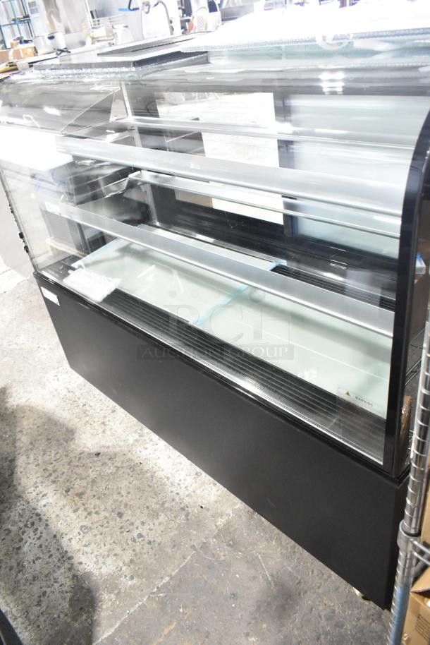 Avantco 193BC60HCB 60" black refrigerated bakery display case with curved glass. Brand new with visible broken glass.