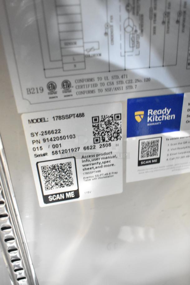 Alt text: Avantco 178SSPT488 label with QR code, model number, serial number, and warranty info for refrigerated prep table.