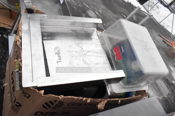 Lot of various items including an Edlund knife holder and plastic drop-in bins, visible "Allergen" label, used condition.