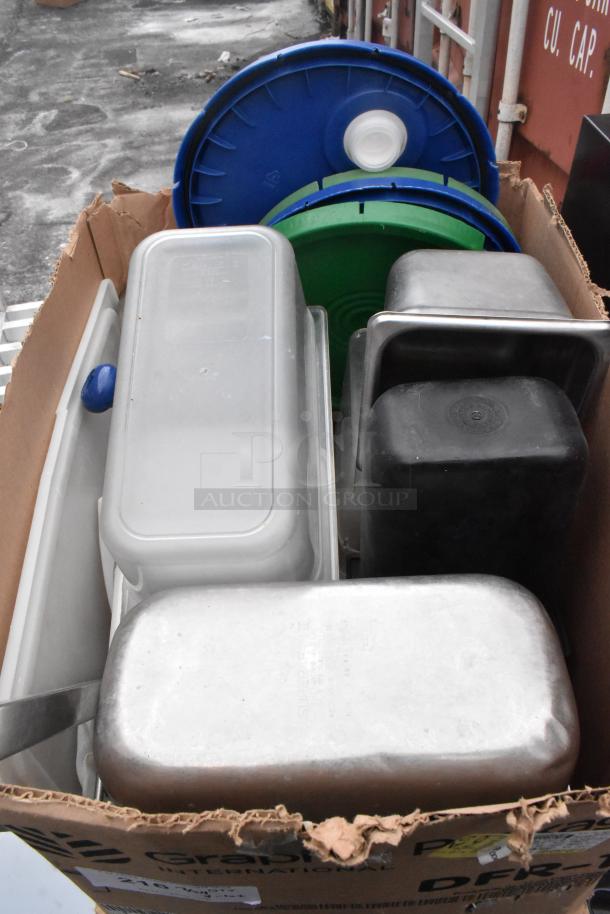 Lot of various kitchen items including an Edlund knife holder and drop-in bins, assorted materials, used condition.