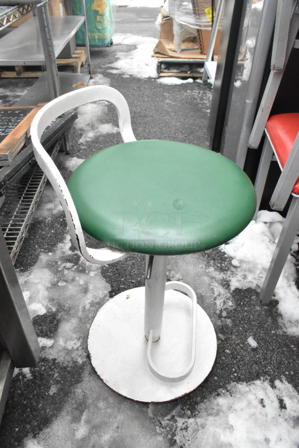 Metal dining chair with red seat cushion and green stool. Used condition. Auction includes 46 pieces total.