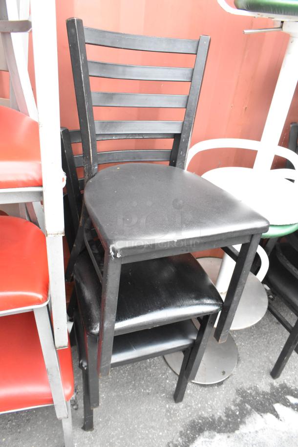 46 metal dining height chairs with red and black seat cushions, featuring a white chair with a green stool. Includes 46 pieces total.
