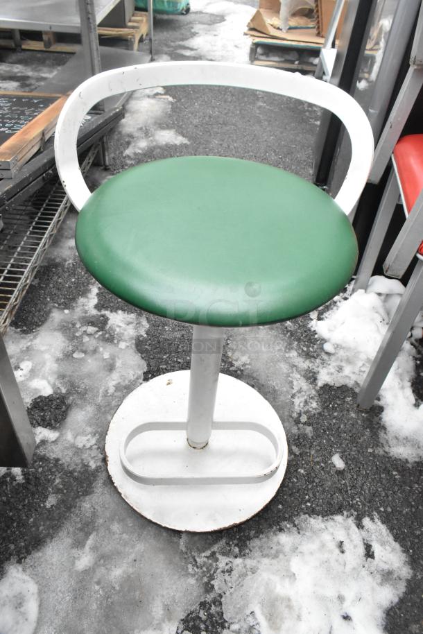 Green metal dining height stool with white frame, round green seat cushion. Part of a set of 46 seating pieces.