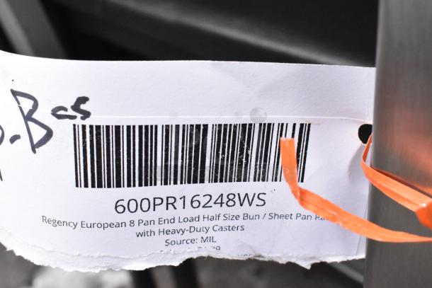 Barcode label on Regency 600PR16248WS European 8 Pan End Load Half Size Bun Sheet Pan Rack with Heavy-Duty Casters.
