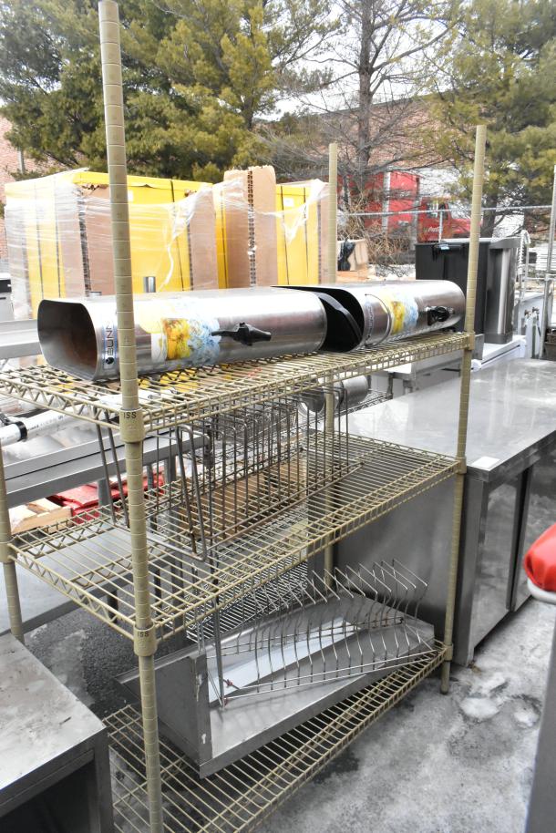 3-tier wire shelving unit with contents, includes metal items and packaging. Buyer must dismantle for freight.