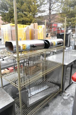 3-tier wire shelving unit with contents, includes metal items and packaging. Buyer must dismantle for freight.