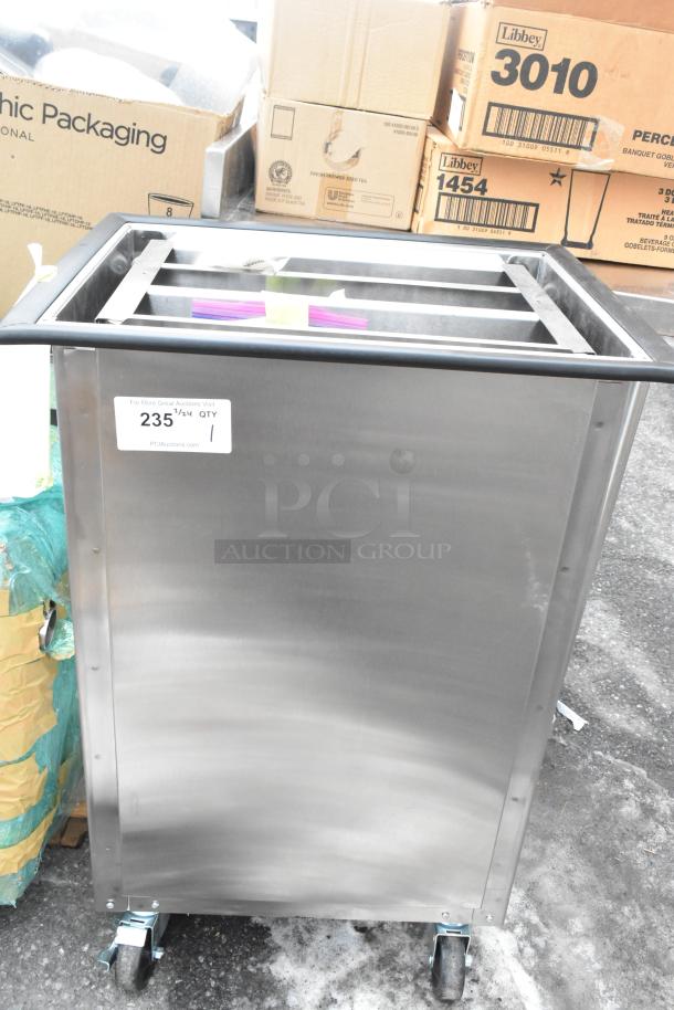 BRAND NEW Lakeside 996 stainless steel mobile tray dispenser, holds 150 trays, with 2 open sides. Scratch and dent condition.