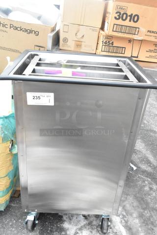 BRAND NEW Lakeside 996 stainless steel mobile tray dispenser, holds 150 trays, with 2 open sides. Scratch and dent condition.