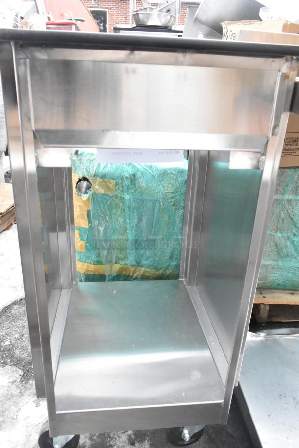 Lakeside 996 stainless steel mobile tray dispenser, new with minor scratches, 2 open sides, 150 tray capacity.