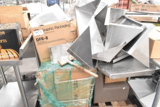 Pallet of assorted items including metal shelves, poly bins, bowls, and table base posts. Some packaging visible.
