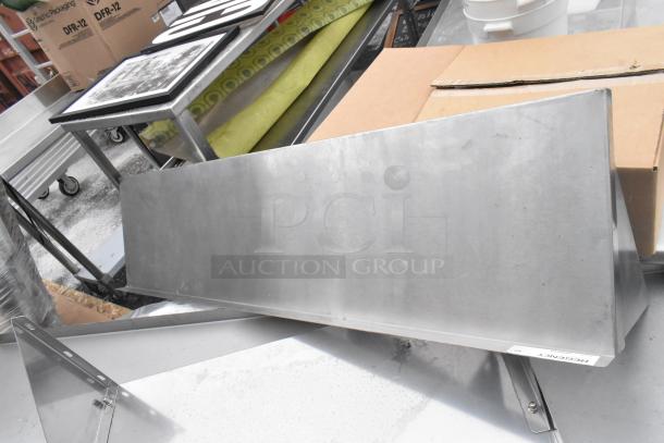 Pallet lot with metal shelves, poly drop-in bins, bowls, table base posts, and assorted boxes in used condition.