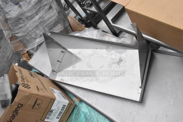 Pallet lot including shelves, poly bins, bowls, and table base posts, wrapped and labeled. Items appear in mixed condition.