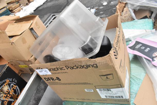 Pallet lot with shelves, poly bins, bowls, and table base posts in various boxes. Some boxes show shipping labels and brand markings.