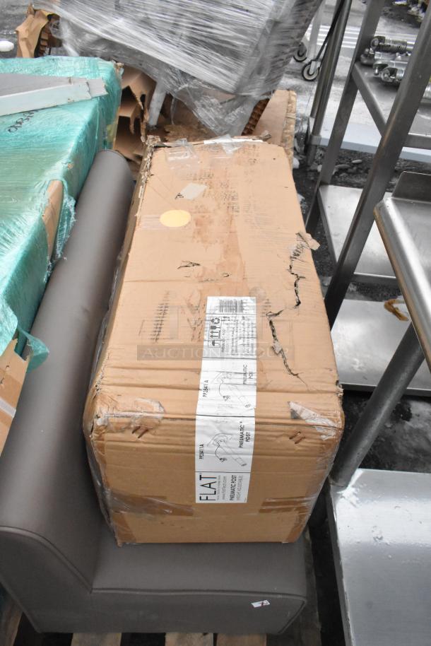 Pallet lot with shelves, poly bins, bowls, table base posts. Includes a visibly worn cardboard box with label and instructions.